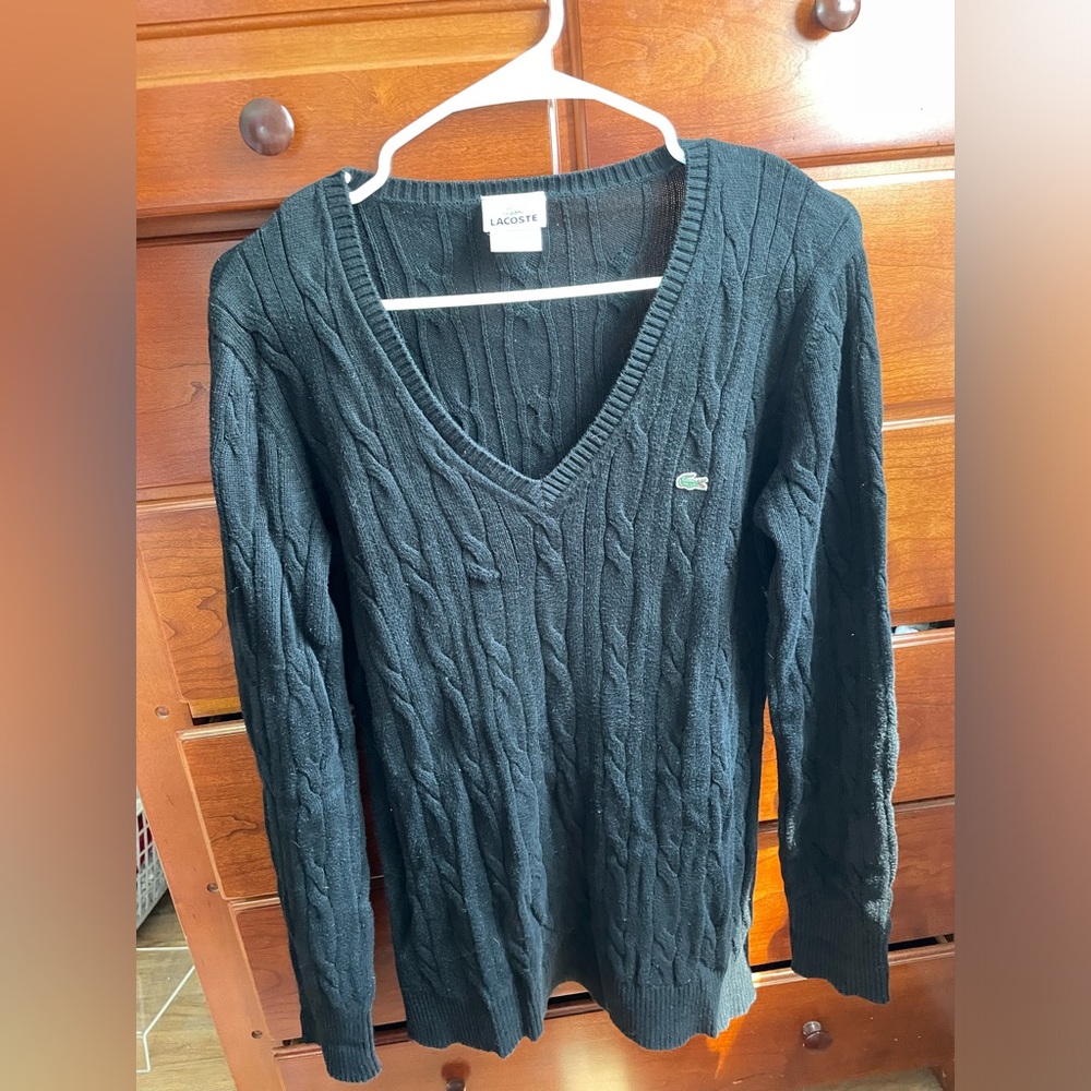 Lacoste Black cable knit V-Neck Sweater size 42/XL